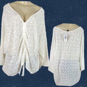 Torrid +5 White V-Neck Drawstring Cinched Front Open Stitch 3/4 Sleeve Sweater
